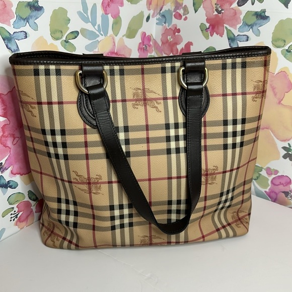 💯Authentic  BURBERRY HAYMARKET CHECK TOTE BAG LEATHER  HANDBAGS WOMEN🍀 - Picture 5 of 17